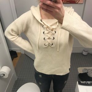 Madewell off white waffle sweater hoodie w lace up